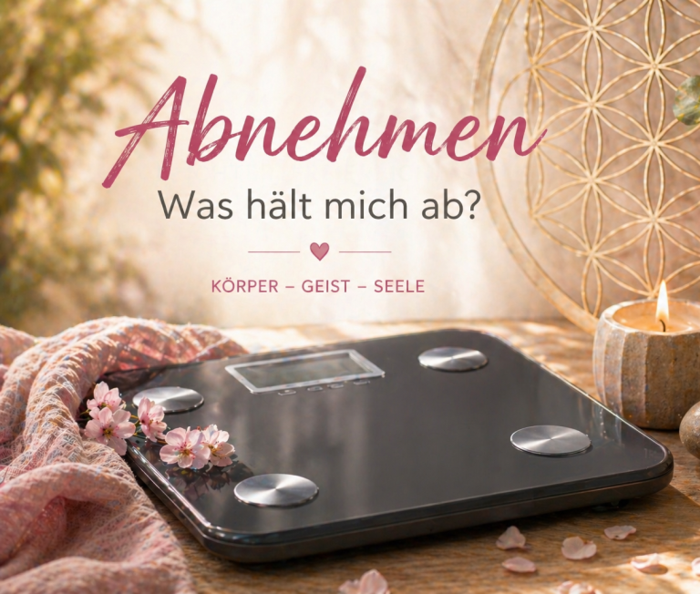 Workshop Abnehmen Waage auf einem Tisch mit Blumen und Kerze, darüber der Text "Abnehmen – Was hält mich ab?"