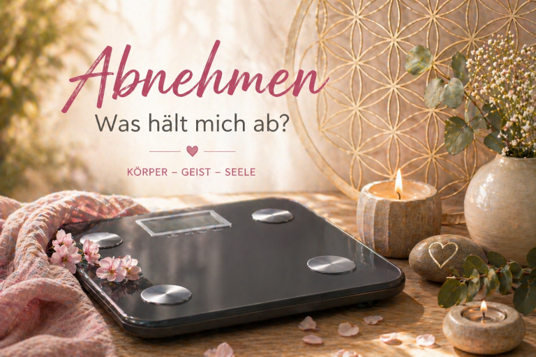 Digitale Waage mit dekorativen Elementen und der Frage Abnehmen - „Was hält mich ab?“ in pinker Schrift.