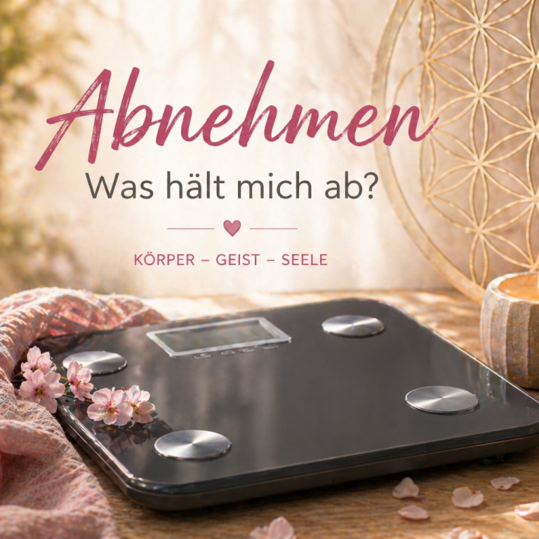 Workshop "Abnehmen" Digitalwaage auf einem Tisch mit Dekoration und dem Text "Abnehmen - Was hält mich ab?"