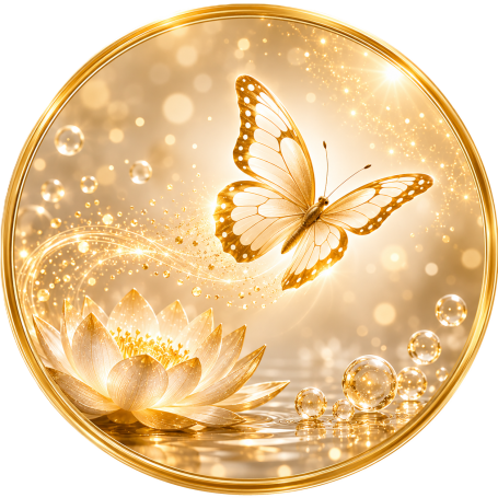 Ein rosa Schmetterling auf lila Hintergrund mit goldenen Blasen