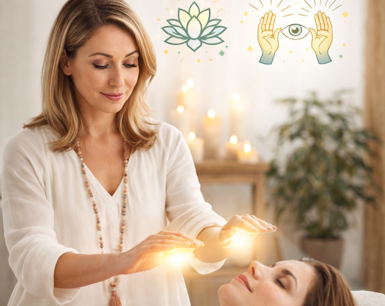 Frau gibt eine energetische Behandlung mit leuchtenden Händen an eine liegende Patientin.