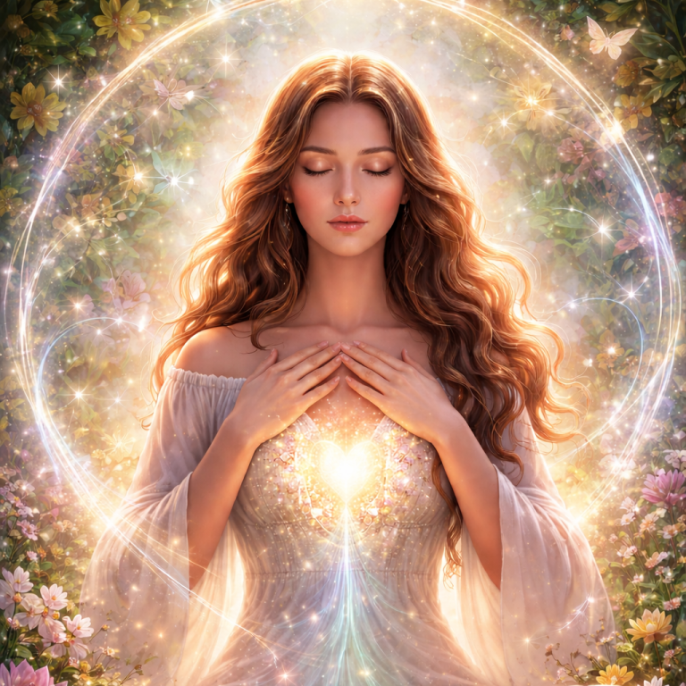 Eine junge Frau mit langen, gewellten Haaren, umgeben von einem leuchtenden, magischen Licht.