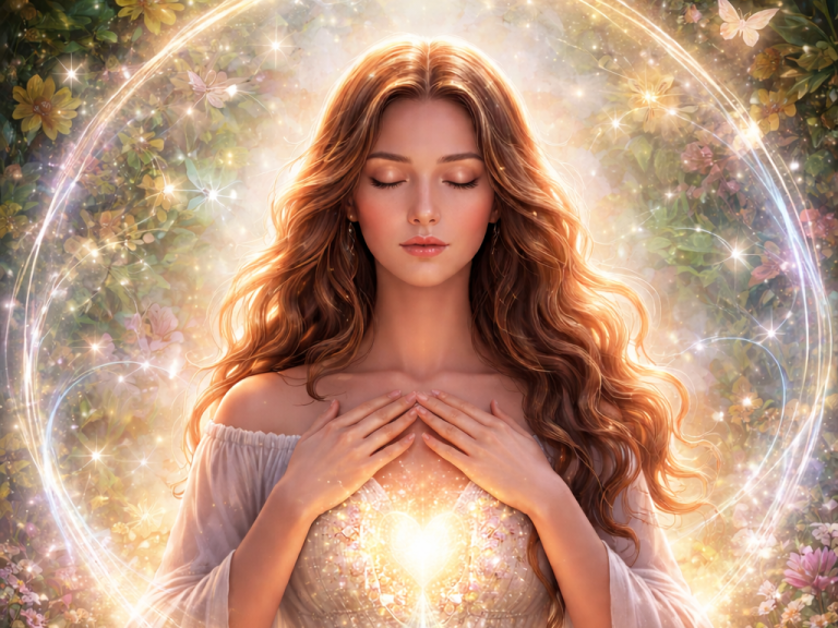 Frau mit langen, gewellten Haaren, umgeben von glitzernden Lichtern und einer sanften Aura.