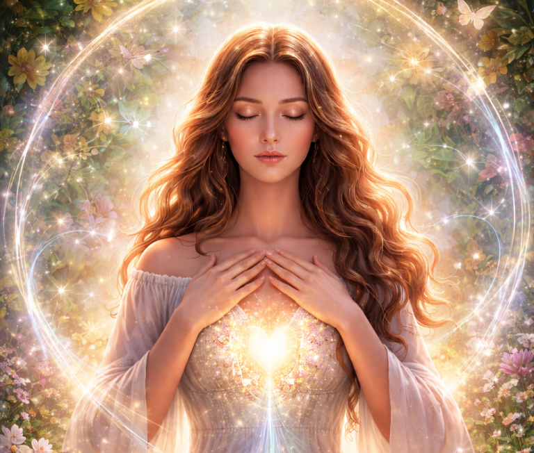 Eine junge Frau mit langen, gewellten Haaren, umgeben von einem leuchtenden, magischen Licht.