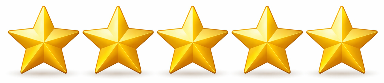 Fünf goldene Sterne in einer geraden Reihe.