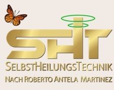 SHT Logo Logo von SHT SelbstHeilungsTechnik mit Schmetterling und dekorativen Kreisen.