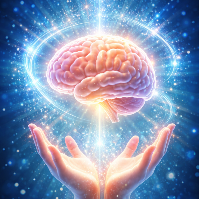 Leuchtende digitale Darstellung eines menschlichen Gehirns vor blauem glitzernden Hintergrund.