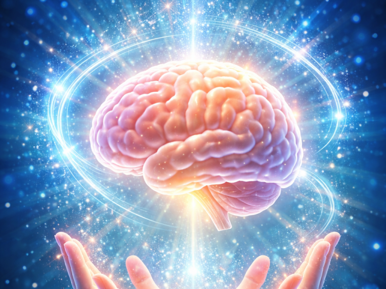 Leuchtendes Gehirn schwebt über offenen Händen in einem mystischen, strahlenden Raum.