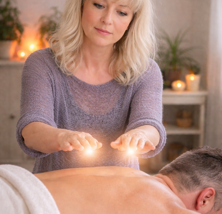 Frau führt energetische Heilbehandlung an einem Mann auf der Liege durch.