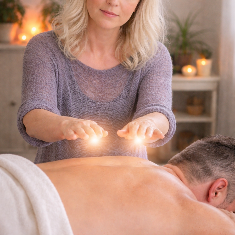 Frau mit blonden Haaren führt eine energetische Heilbehandlung auf dem Rücken eines Mannes durch.