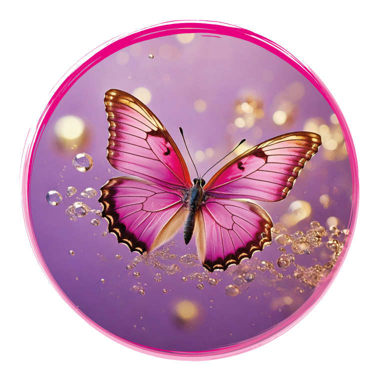 Schmetterling in Pinktönen vor lila Hintergrund mit goldenen Glitzerelementen.