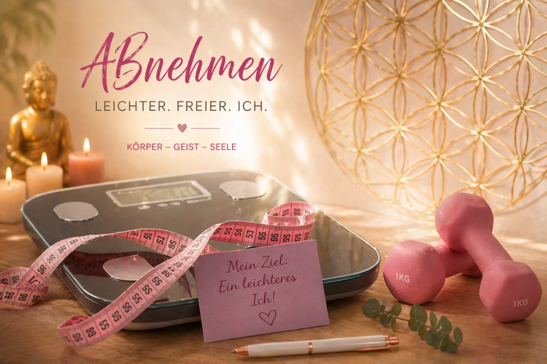 Waage, Maßband, Hanteln und Kerzen auf einem Tisch mit der Aufschrift "Abnehmen".