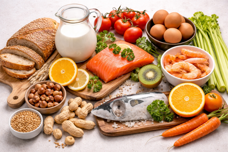Verschiedene frische Nahrungsmittel: Fisch, Gemüse, Obst, Milch und Eier auf einem Tisch.