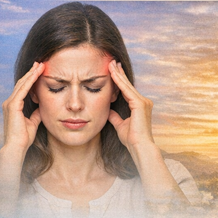 Leuchtende digitale Darstellung eines menschlichen Gehirns vor blauem glitzernden Hintergrund.