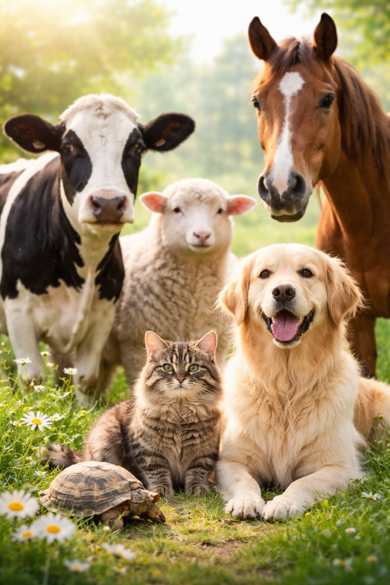 Eine Gruppe aus Kuh, Schaf, Pferd, Katze, Hund und Schildkröte im Grünen.