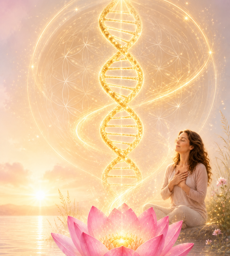 Eine rosa Lotusblüte aus der goldene DNA emporsteigt. Eine Frau sitzt entspannt am Rand