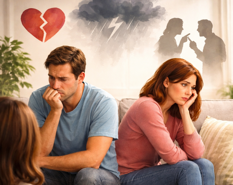 Ein trauriges Paar sitzt getrennt auf einer Couch, umgeben von Symbolen für Streit und Herzschmerz.