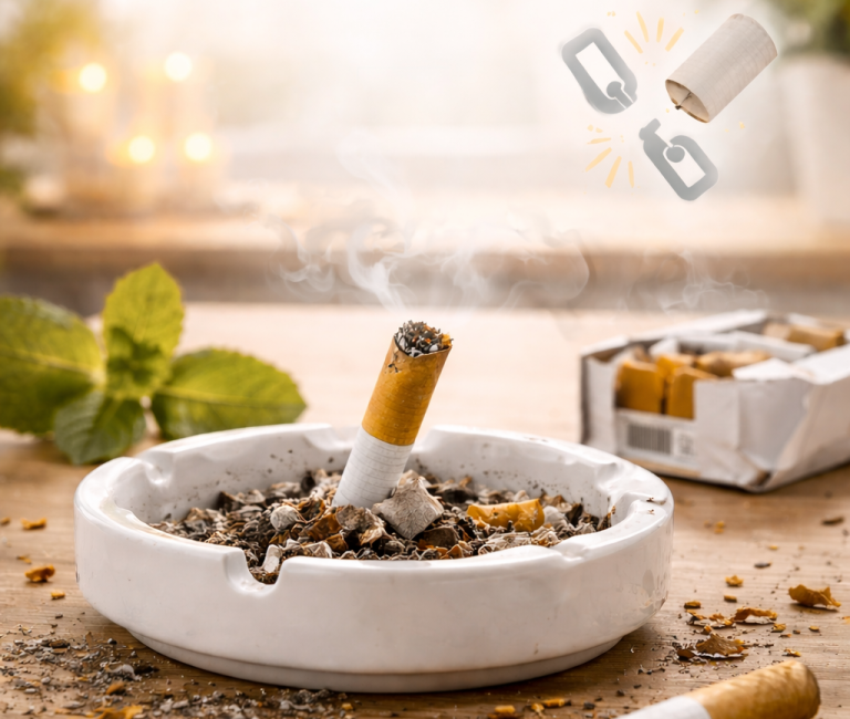 Zigarettenstummel in einem Aschenbecher, umgeben von Zigarettenpackungen