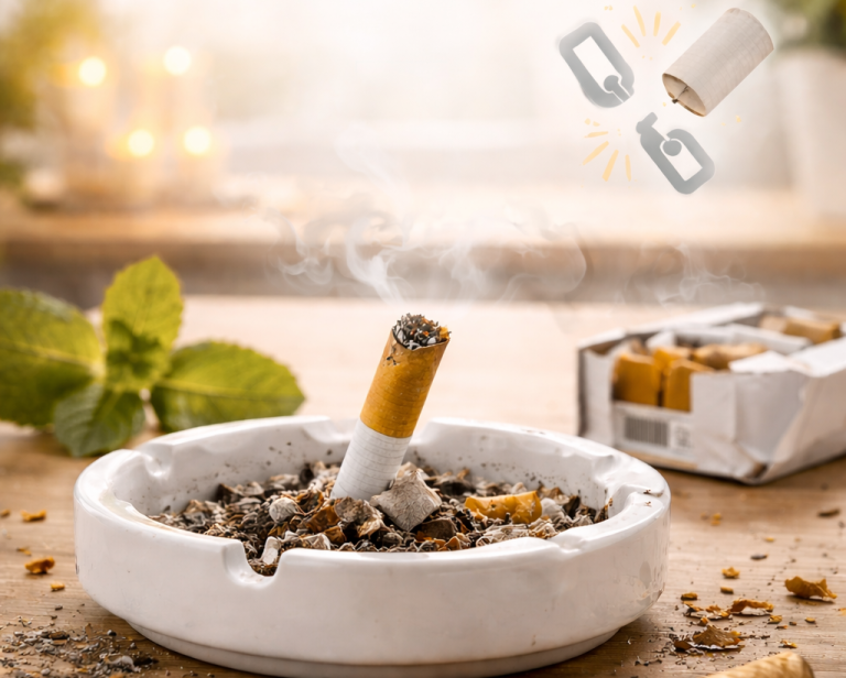 Zigarettenstummel in Aschenbecher, mit Zigarettenschachtel im Hintergrund.