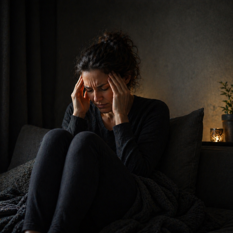 Workshop "Migräne" Eine Frau sitzt auf einem Bett und hält sich die Schläfen vor Schmerz in einem stark abgedunkelten Raum.