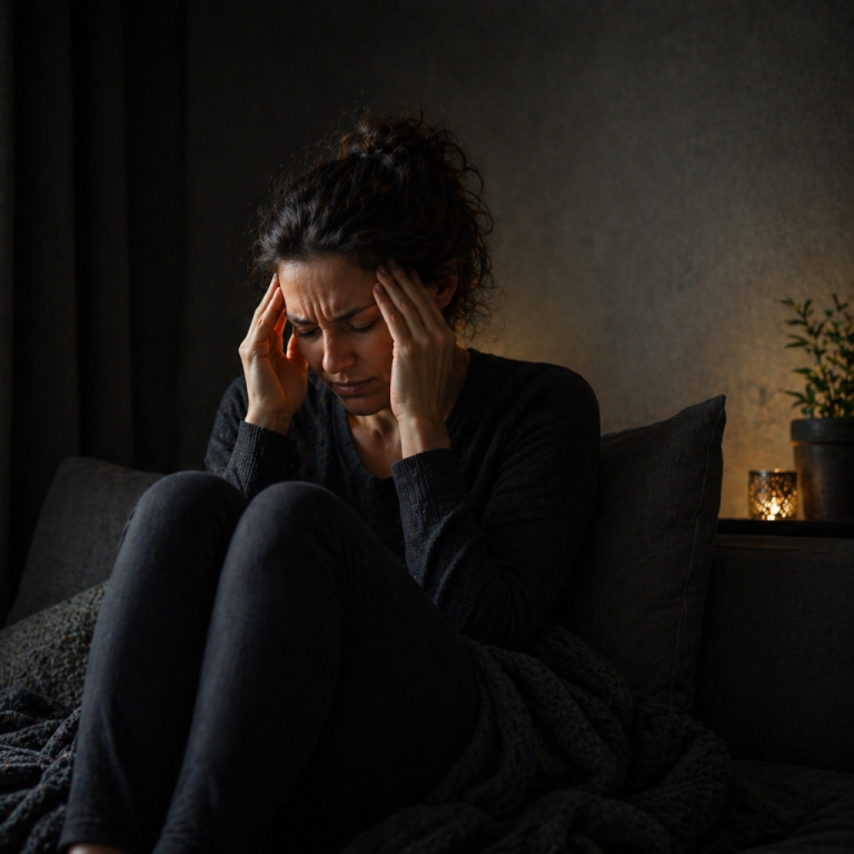 Migräne Eine Frau sitzt auf einem Bett und hält sich die Schläfen vor Schmerz in einem stark abgedunkelten Raum.