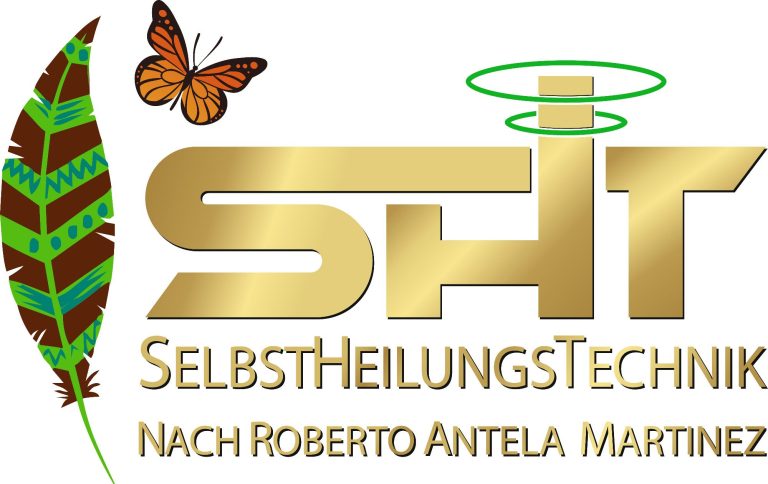 Goldenes Logo mit Text "Selbstheilungstechnik" und dekorativen Elementen wie einer Feder und Schmetterling.