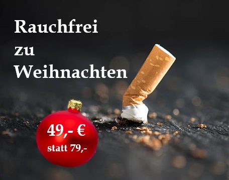 Zigarettenstummel und Weihnachtskugel mit Preis 49 Euro. Angebot zur Suchtauflösung
