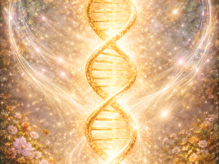 Goldene DNA-Spirale vor einem strahlenden, leuchtenden Hintergrund mit Blumen.