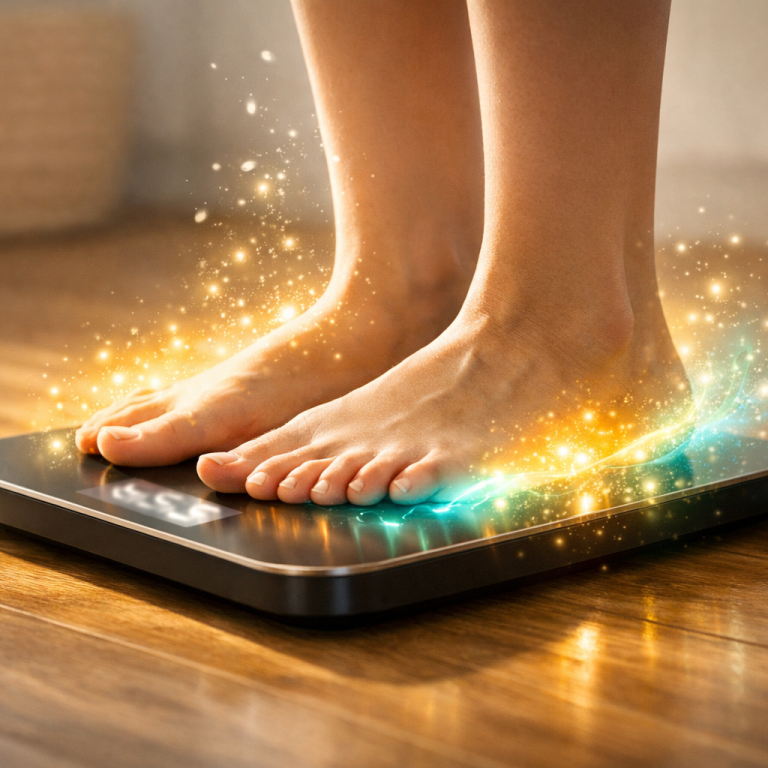 Füße auf einer digitalen Waage in einem hellen Raum.