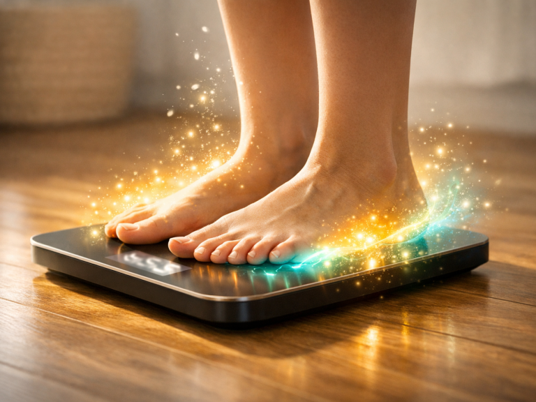 Füße stehen auf einer Personenwaage, umgeben von glitzernden Lichtern und Funken.