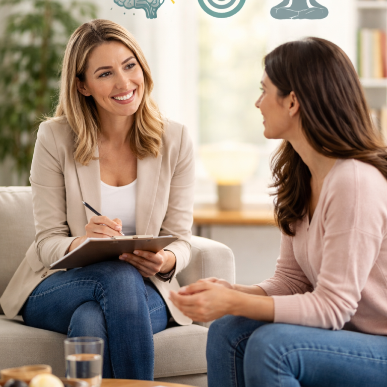 Zwei Frauen führen ein Gespräch in einem hellen, modernen Raum. Eine macht Notizen.