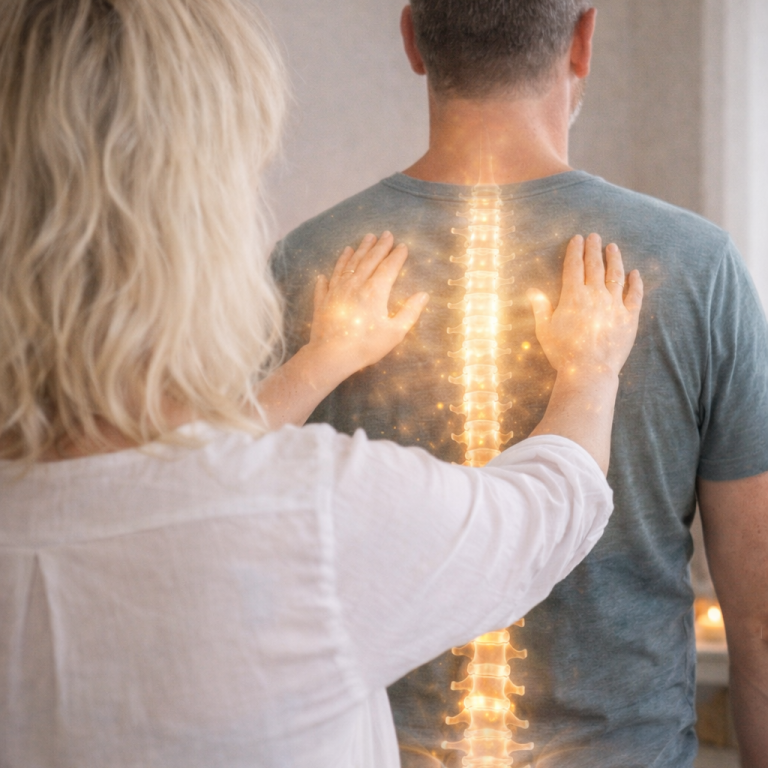stehende Person von hinten mit leuchtender Wirbelsäule, während eine andere Person die Hände auf den Rücken legt.