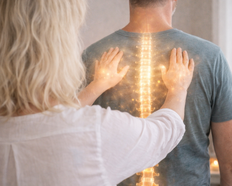 Spirituelle Heilungssitzung mit leuchtender Energie und entspannter Frau mit Kopftuch.