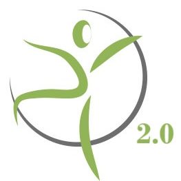 Logo mit stilisierter, grüner Figur in dynamischer Pose und der Zahl 2.0