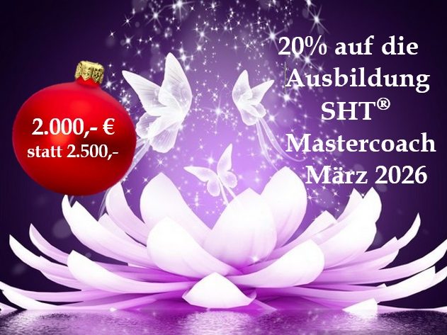 Rabattangebot von 10% auf SHT® Mastercoach-Ausbildung, mit Lotusblüten und Schmetterlingen. 2250 Euro statt 2500 Euro
