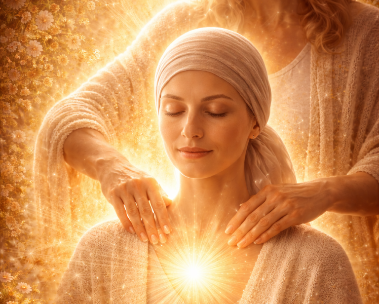 Spirituelle Heilungssitzung mit leuchtender Energie und entspannter Frau mit Kopftuch.