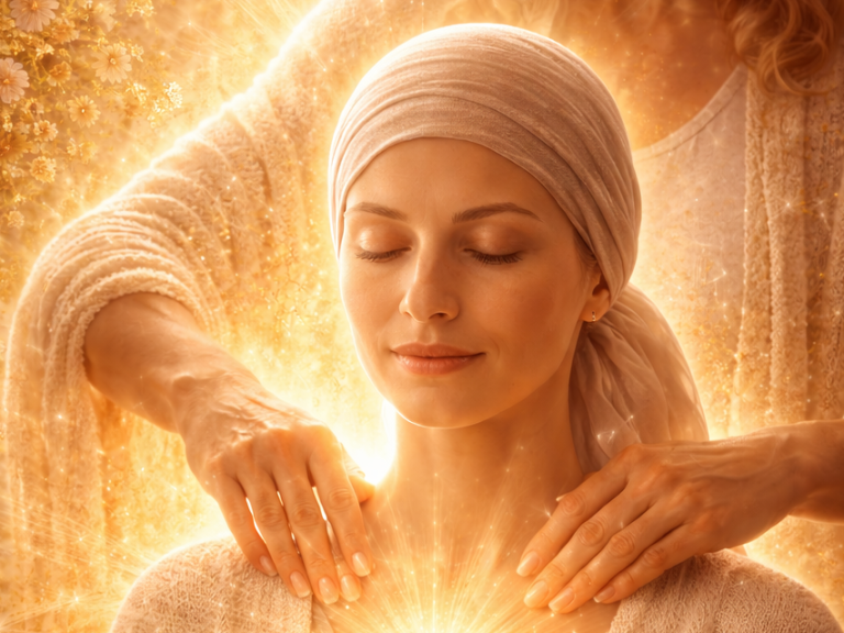 Eine Frau mit Kopfbedeckung erhält eine energetisierende Behandlung.