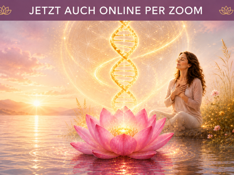 Eine rosa Lotusblüte aus der goldene DNA emporsteigt. Eine Frau sitzt entspannt am Rand
