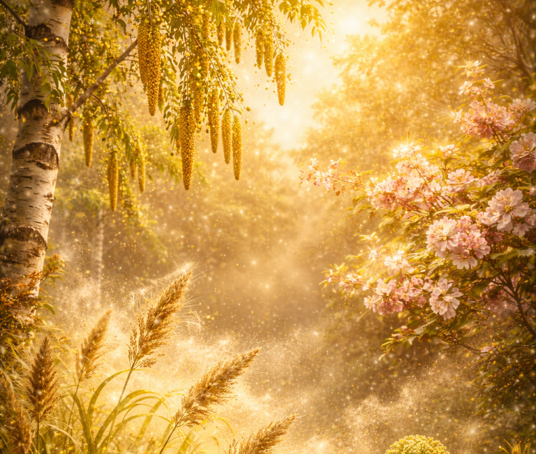 Blühende Pflanzen und Lichtstrahlen in einem verträumten, sonnigen Garten.